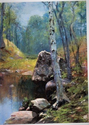 Colorful painting, stream, trees, rocks and woods
