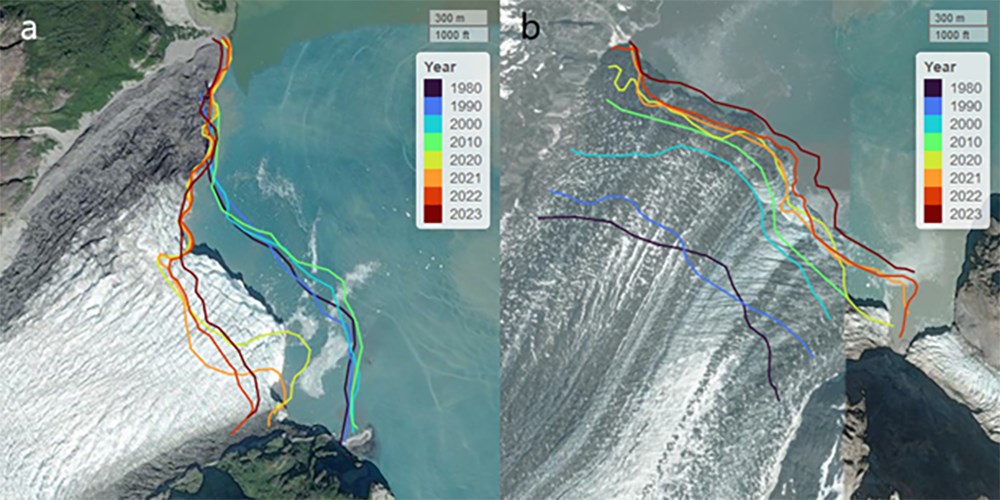 An image of two glaciers and the outlines of their termini--one retreating, one surging.