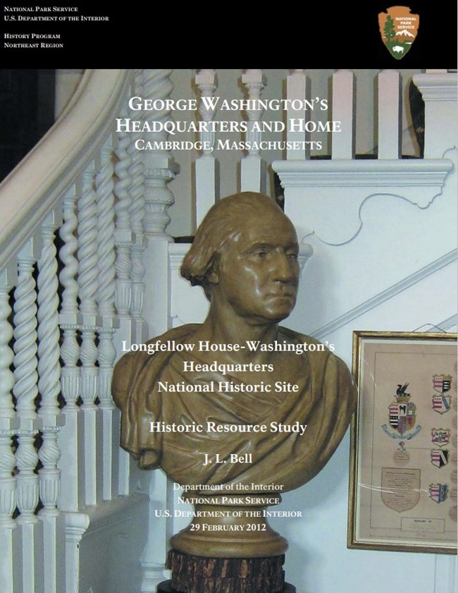 George Washington's Headquarters and Home report cover, with plaster bust of George Washington