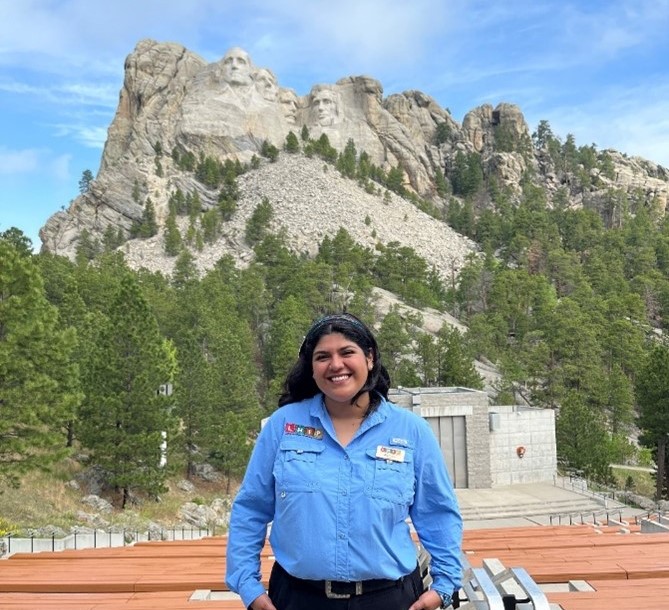 A young woman at Mount Rushmore