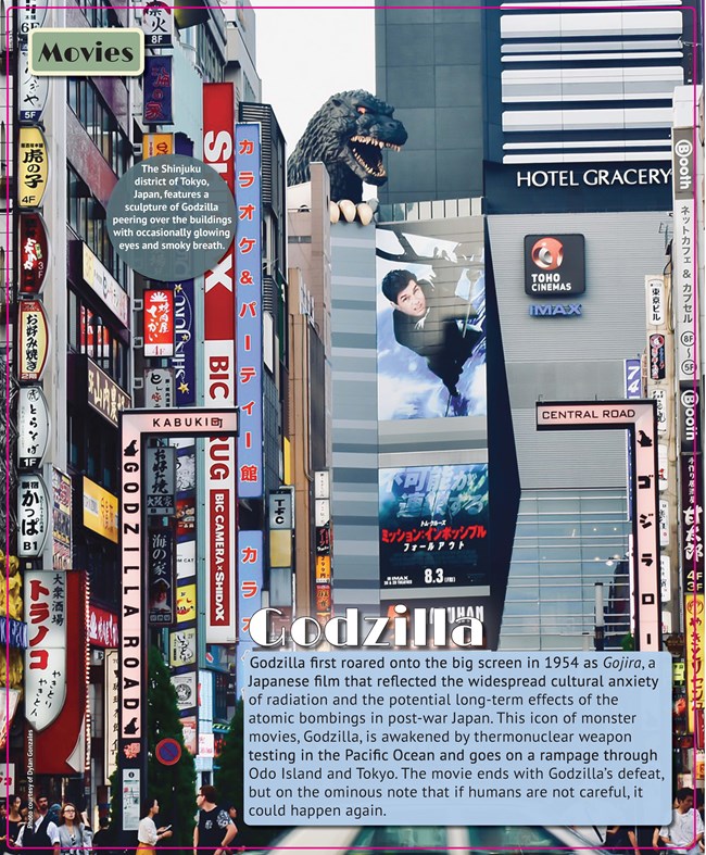 Tokyo, Japan skyscrapers with Godzilla peering out of them.