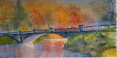 A watercolor painting of a bridge across a creek.