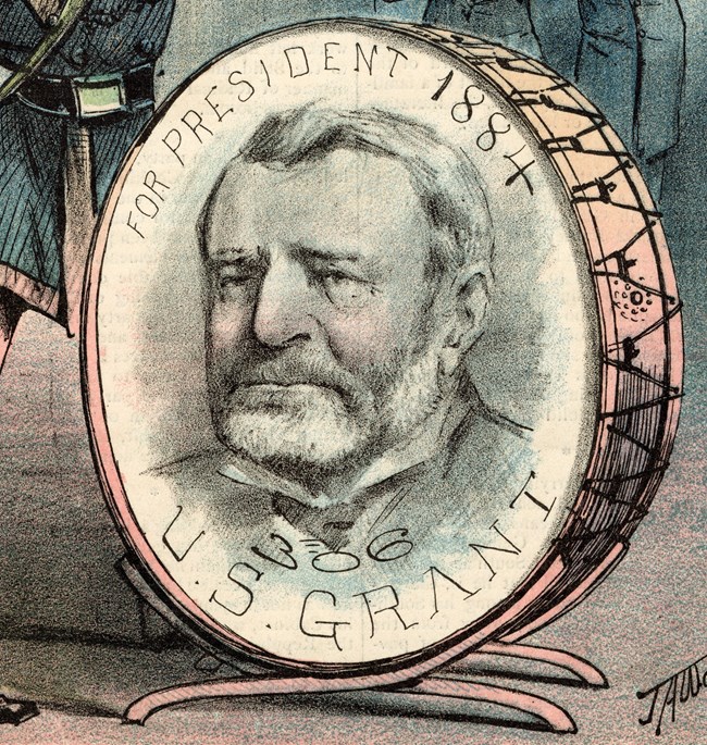color illustration of a drum with U.S. Grant's face on it and text about him running for president in 1884.