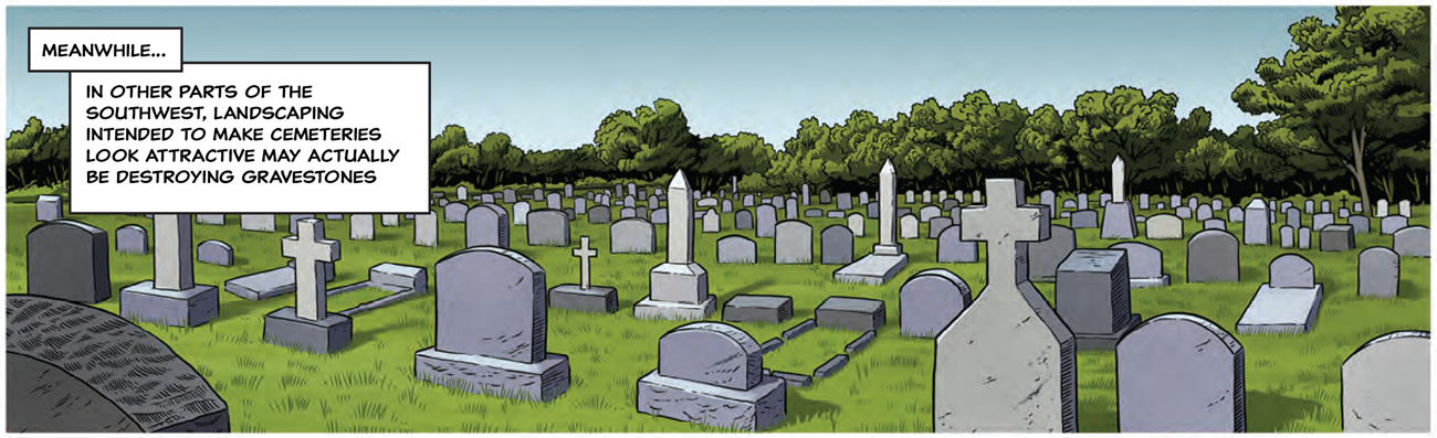 A tightly packed cemetery with grave markers has a lush green grass lawn with trees in the background.a