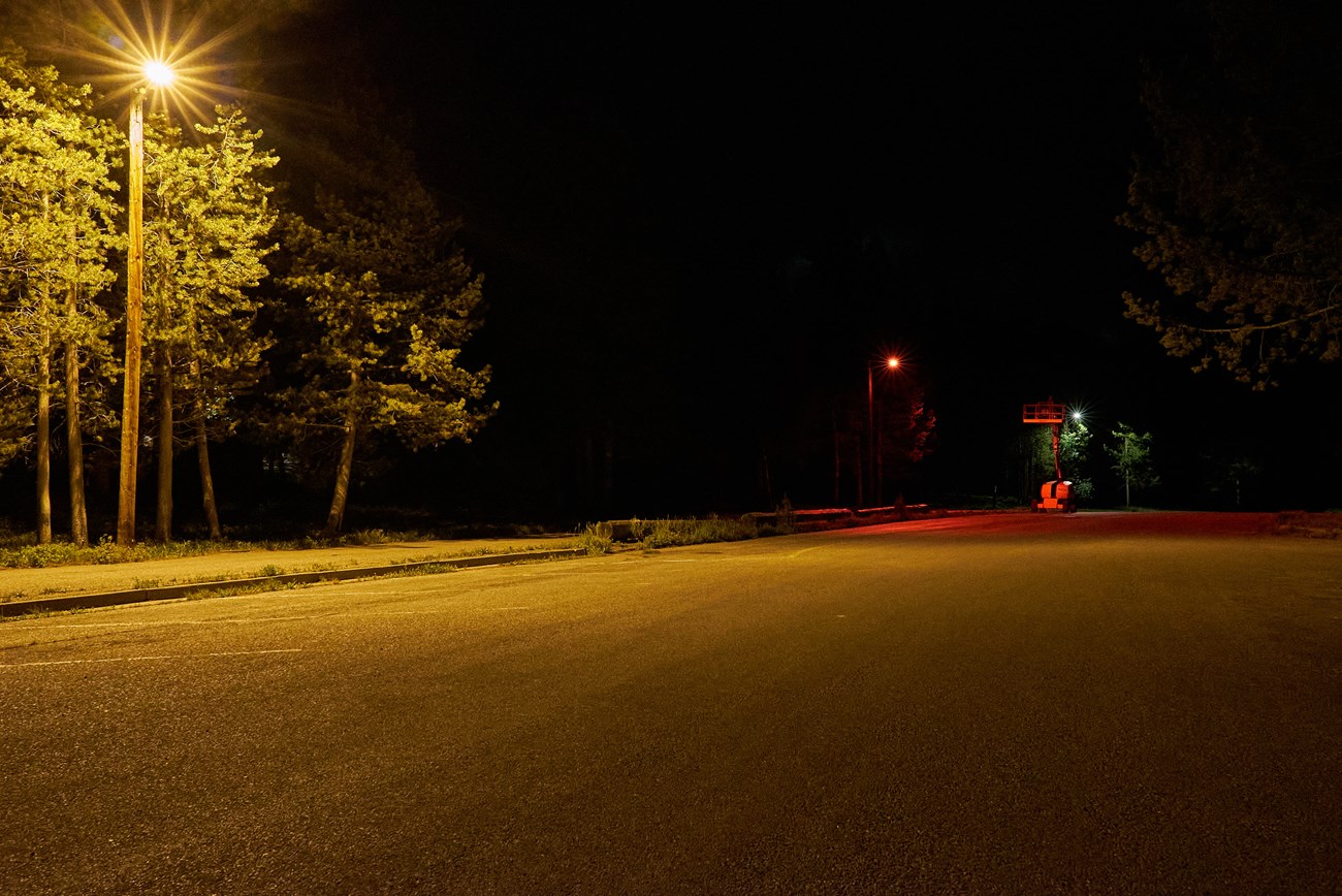 Three different street lights with three different hues.