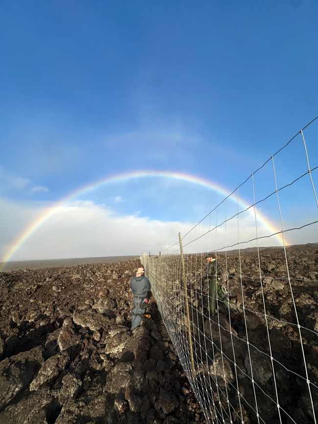 Rainbow visible in the difference with a camera perspective looking down the lenght of a fence.