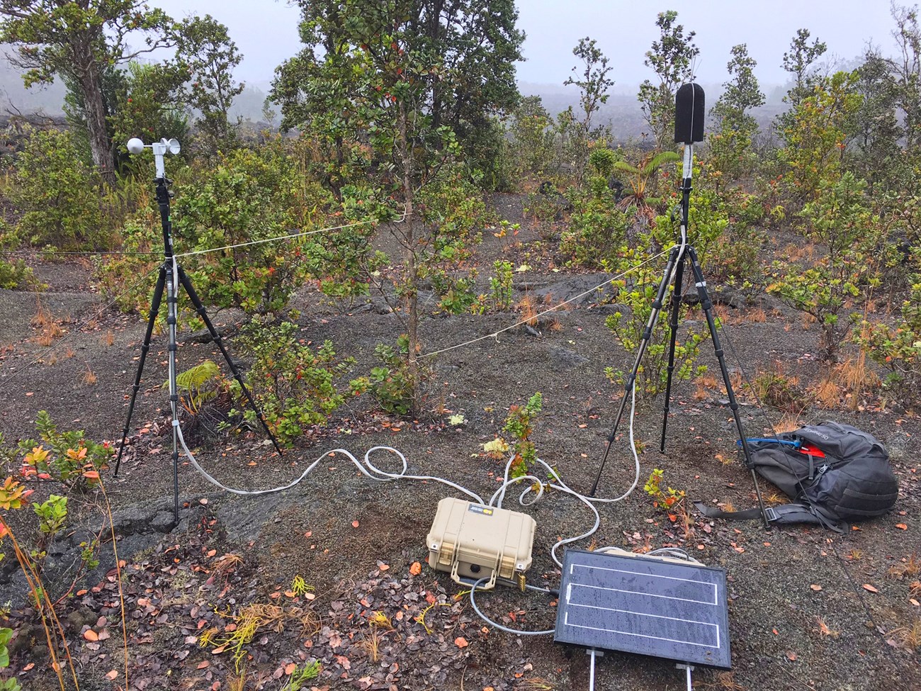 Microphone on a tripod, wind measurement equipment on another tripod, and a solar pane, all wired to a weatherproof box in a sparsely vegetated volcanic landscape shrouded in fog.