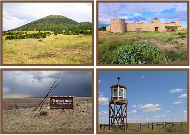 Four image boxes containing landscape photos of the following High Plains Group parks:  Bent's Old Fort, Sand Creek Massacre, Amache, Capulin Volcano