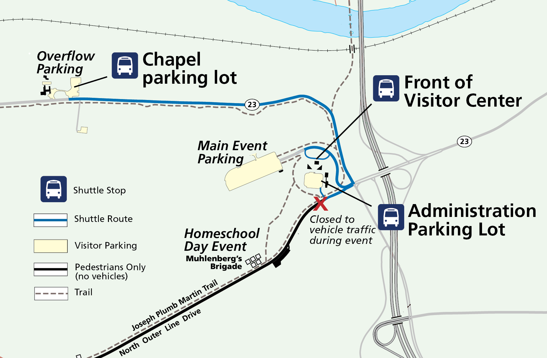 A map graphic showing three shuttle stops, one at the Chapel lot, one in front of the Visitor Center at Valley Forge, and one in the Administration Parking lot.