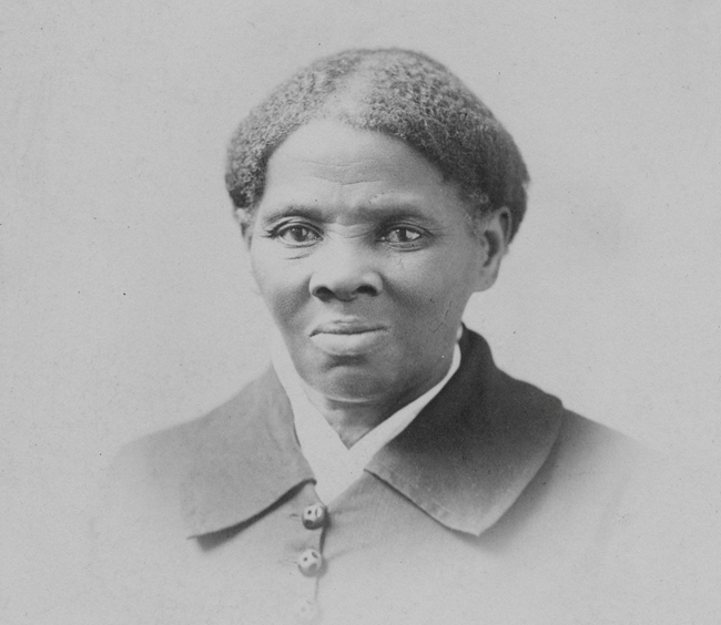 portrait of harriet tubman, with her natural hair close to her head and parted down the middle