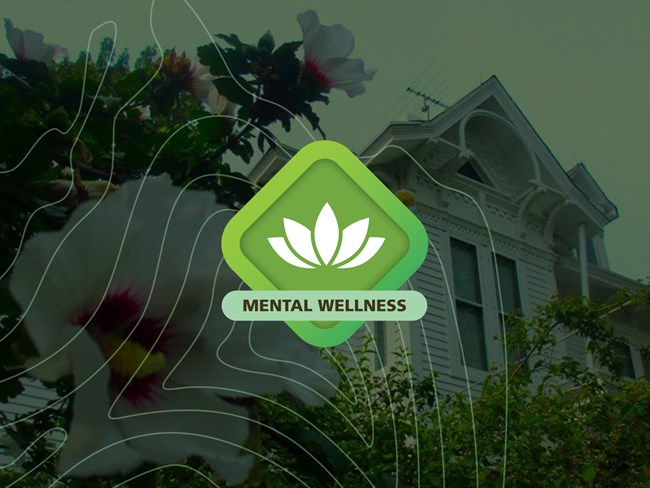 Harry S Truman NPS Mental Wellness logo in green, Truman Home in background
