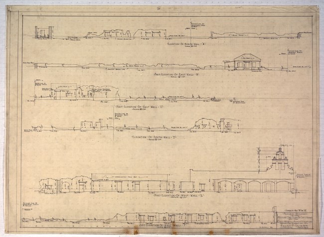 architectural drawing showing elevations of a mission