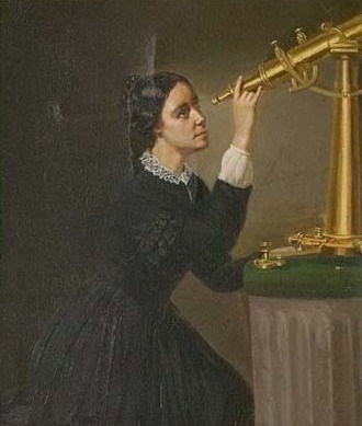 1851 portrait of Maria Mitchell seated in a long dress looking through a telescope.