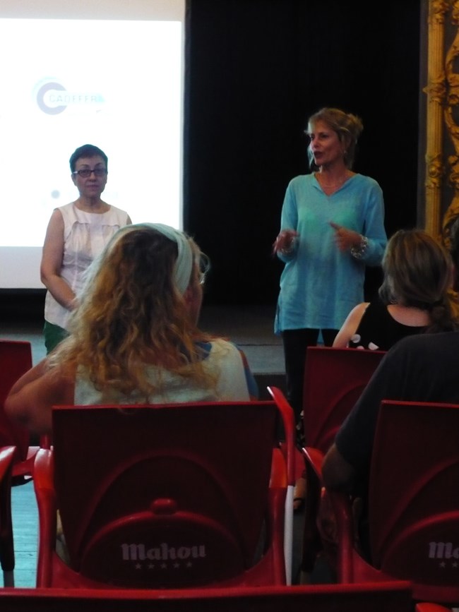 Hernández lecturing, at a Spanish film festival about a film on Josep Pujiula, summer 2014.