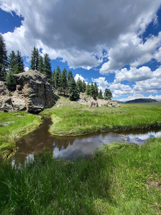 A narrow stream meaders through a grassy meadow surrounded by rock spires.