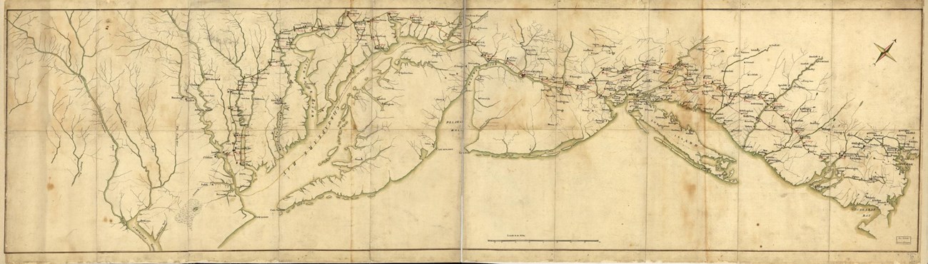 Map depicting the coastline of Eastern North America from Rhode Island to the southern Chesapeake.