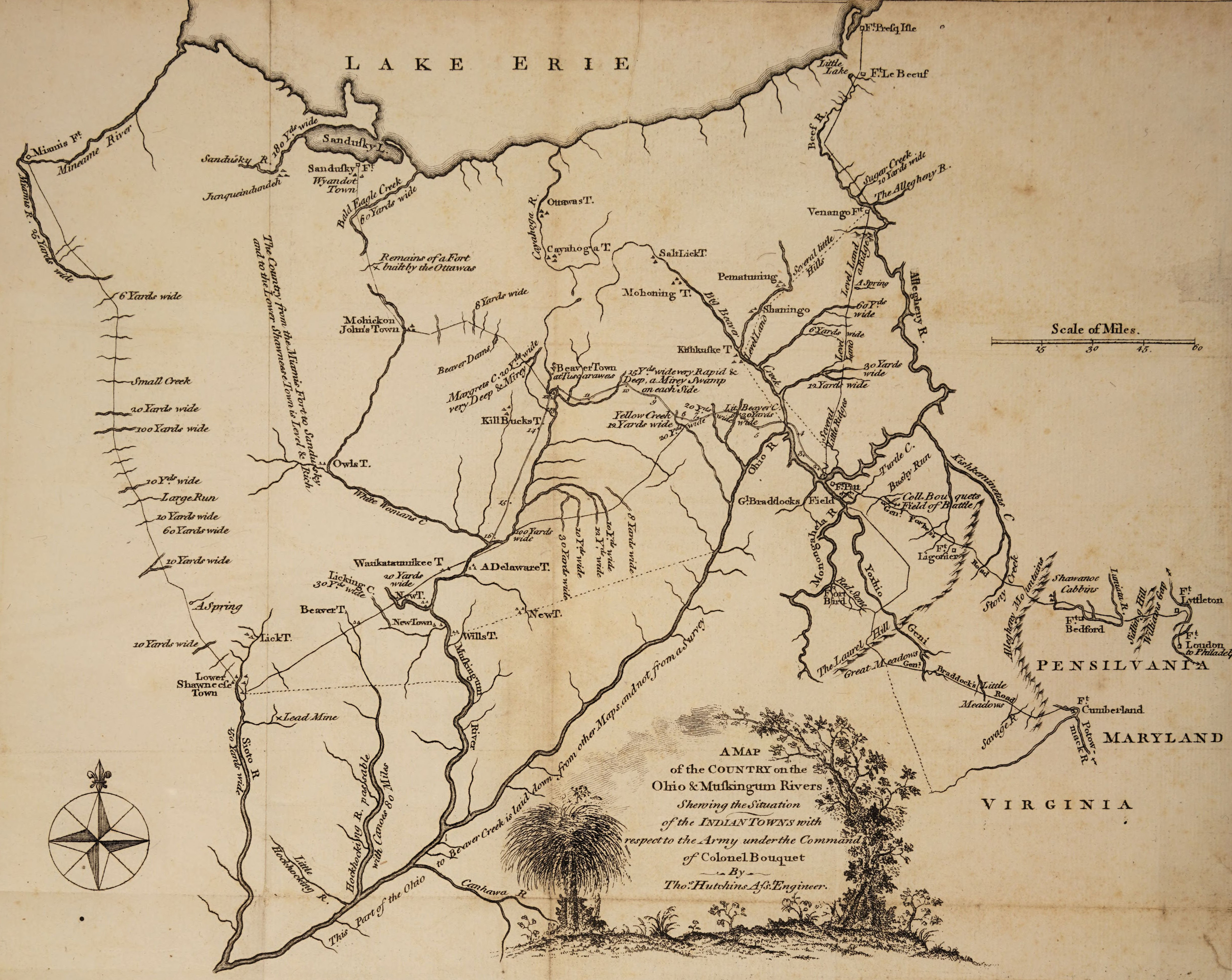 Scan of an old map on yellowed paper, with the title, "A map of the country on the Ohio & Muskingum Rivers showing the situation of the Indian towns with respect to the Army under the Command of Colonel Bouquet."