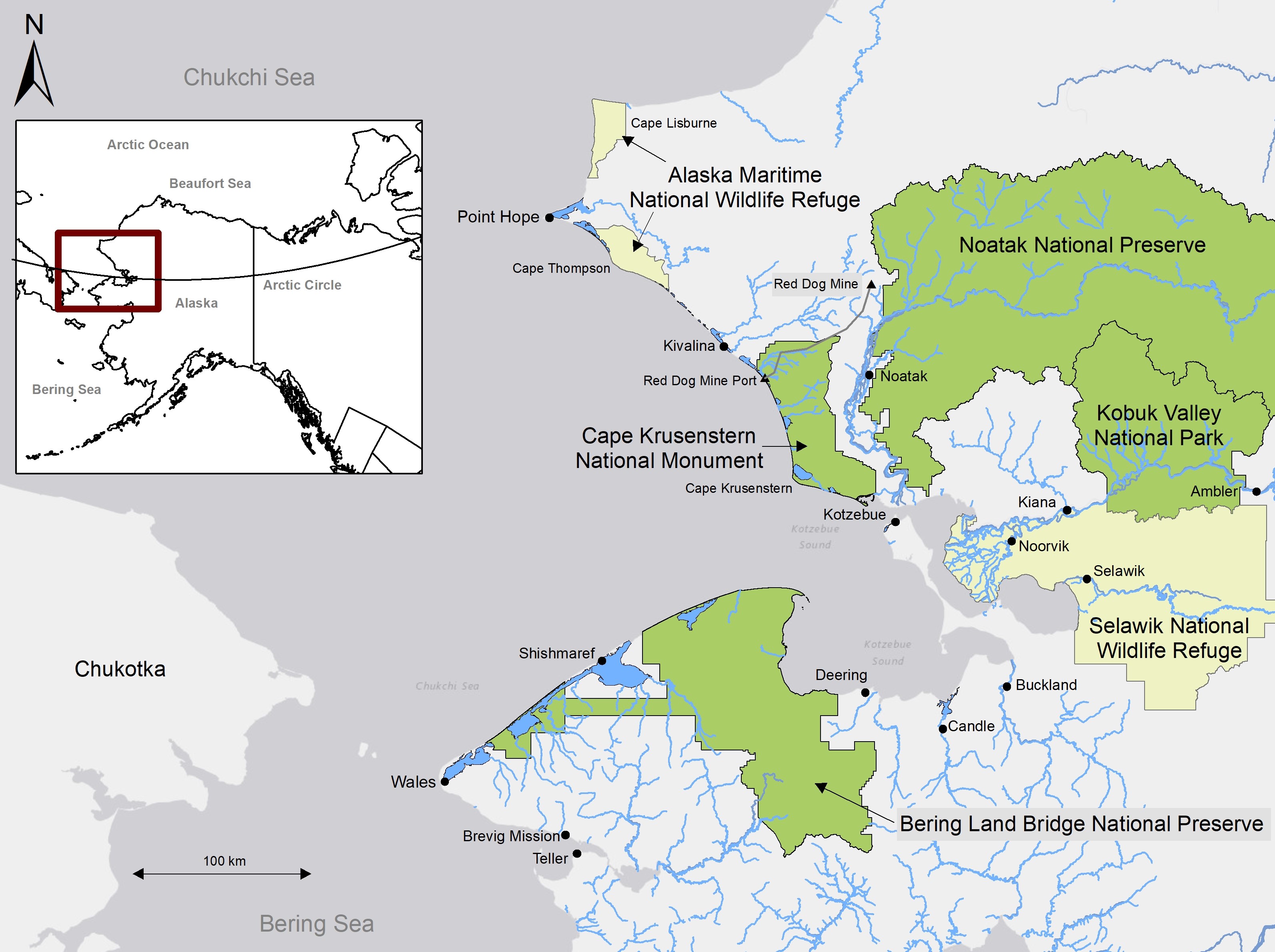 Map of northwestern Alaska showing lagoons and river systems along the Alaskan coastline of the southern Chukchi Sea.