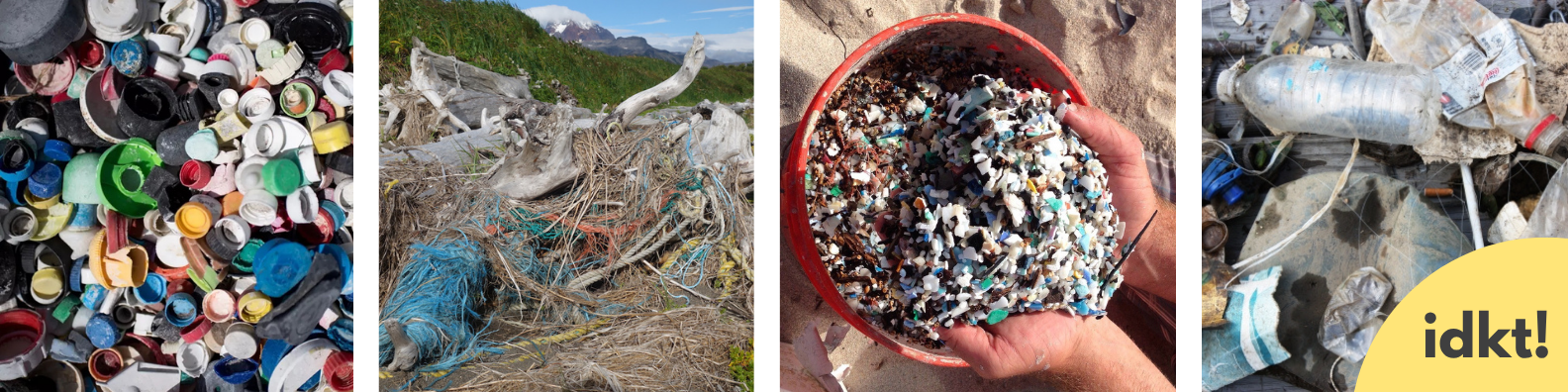 an image collage of 4 images of marine debris. The first shows a lot of collected plastic bottle caps, the second shows plastic rope tangled up on a shoreline, the third shows small pieces of plastic in a bucket, and the last shows plastic bottles