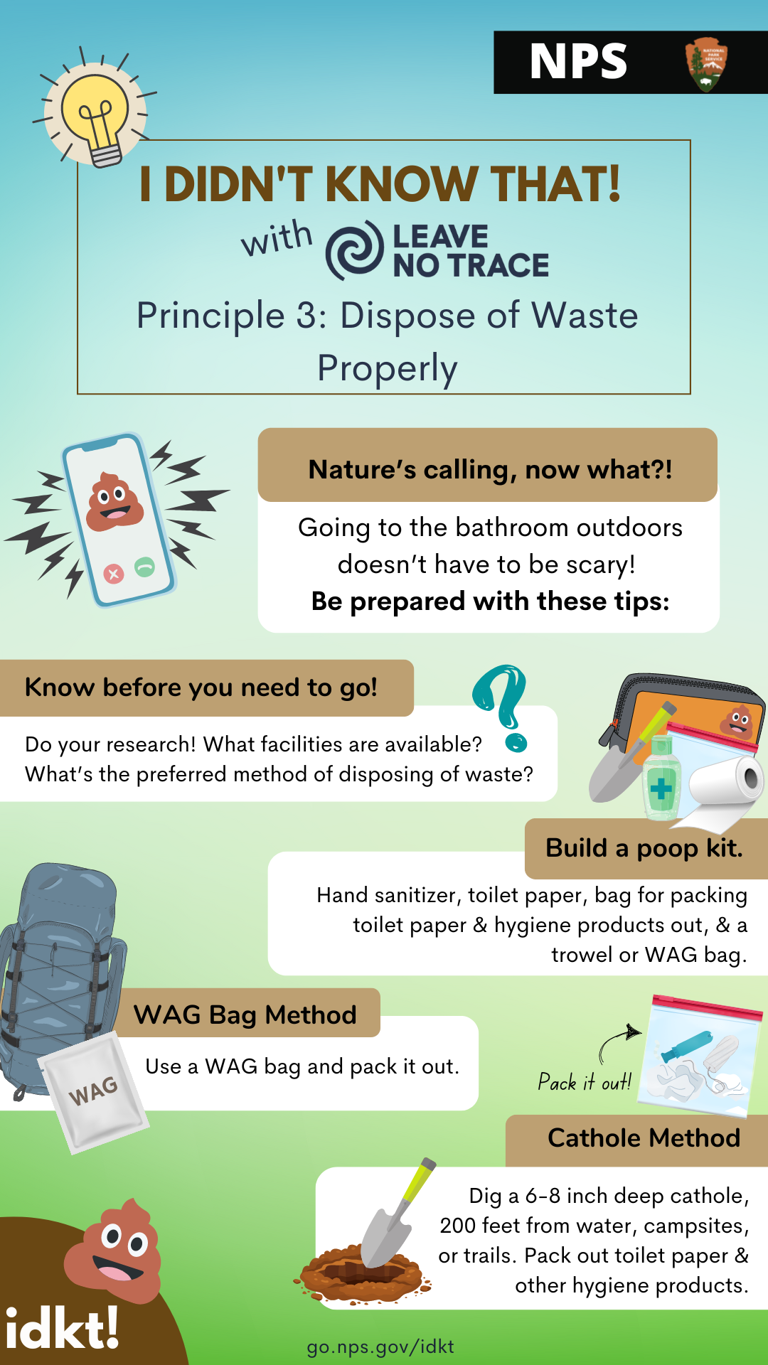 Infographic for I Didn't Know That! (with Leave No Trace) Principle 3: Dispose of Waste Properly with tips on how to go to the bathroom outdoors