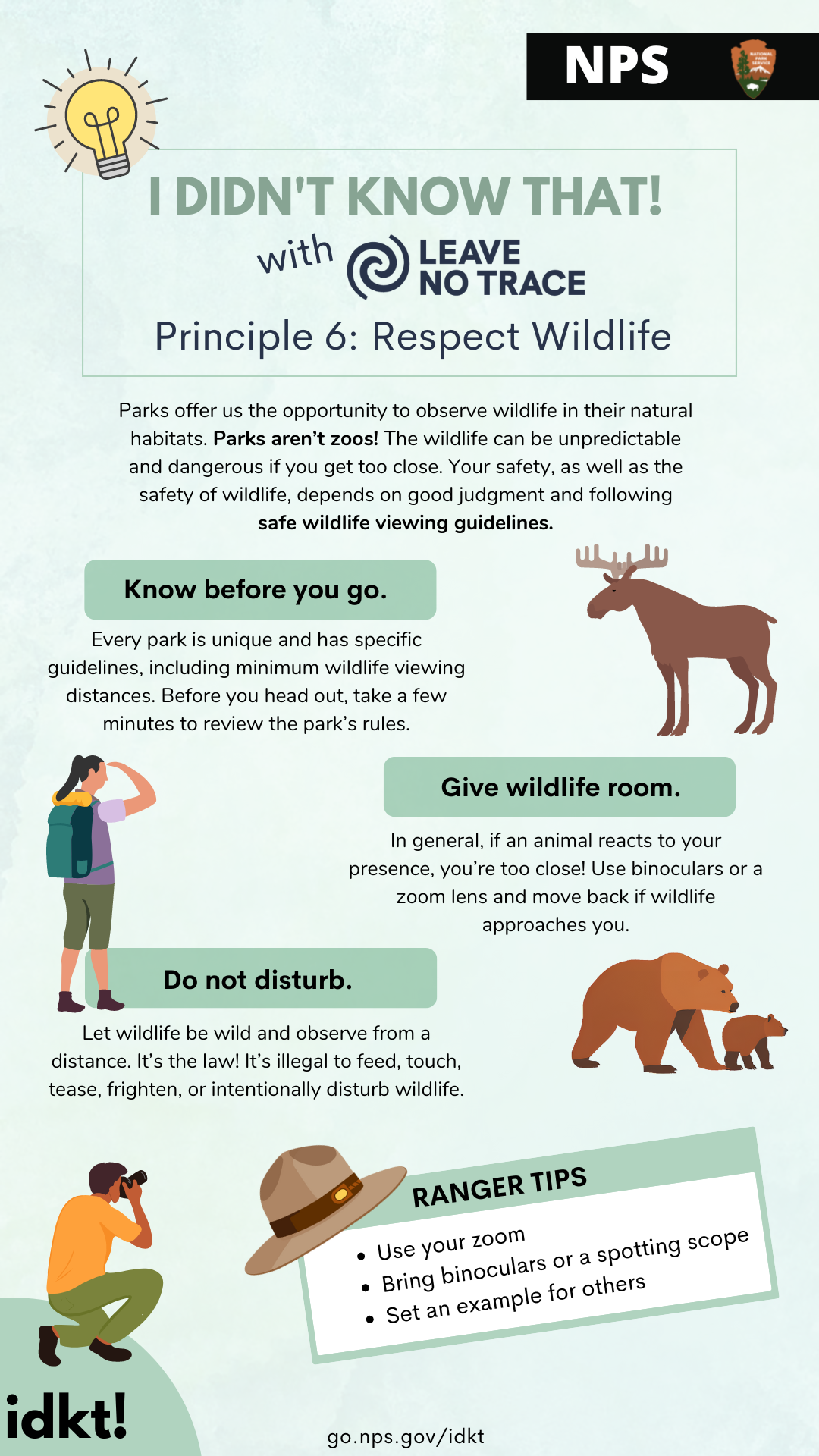 An infographic for safe wildlife viewing guidelines titled "I Didn't Know That (with Leave No Trace) Principle 6: Respect Wildlife