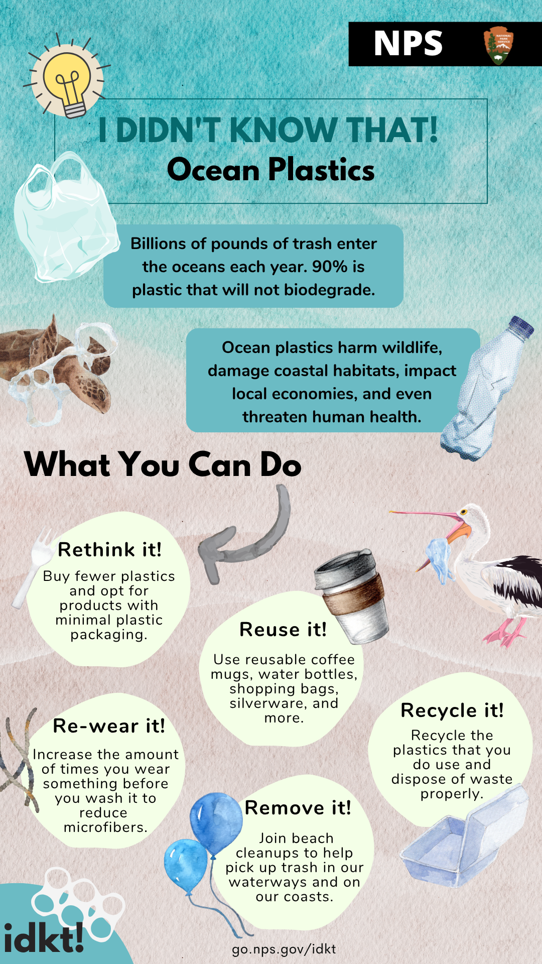 an infographic that describes the issue of ocean plastics and what you can do to help prevent them. Full alt text available below image