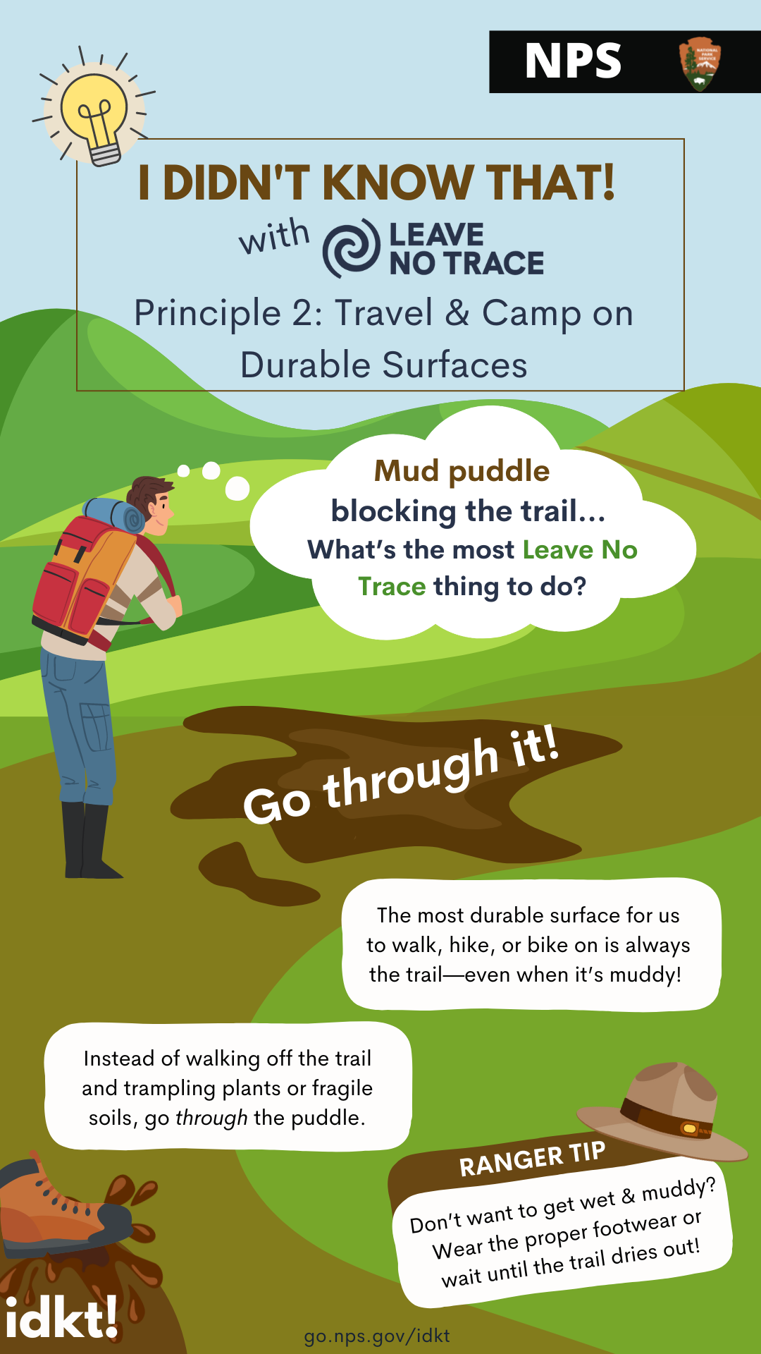an infographic on what to do if you encounter a mud puddle blocking the trail.