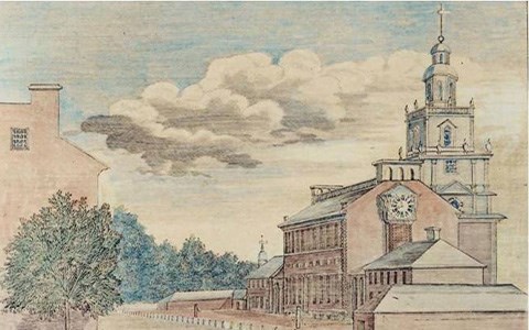 Color engraving of Independence Hall with clouds in the background