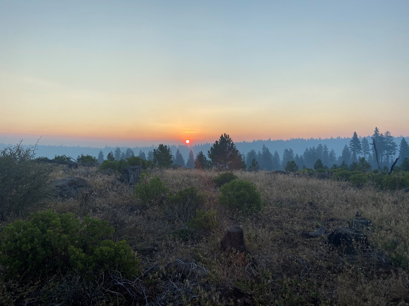 A deep orange sun sets over hazy bluish treelines, viewed from a dry, grass- and shrub-covered ridge.