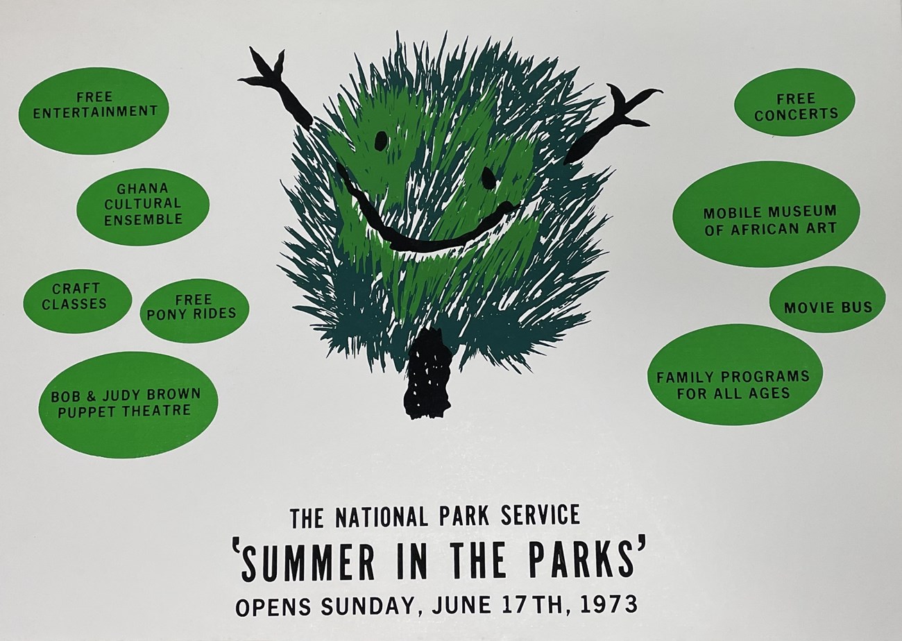 Bushy green tree with smile and upraised arms surrounded by events on offer