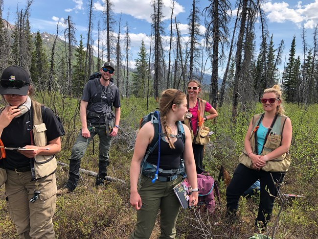 Several people stand outdoors in a forested area