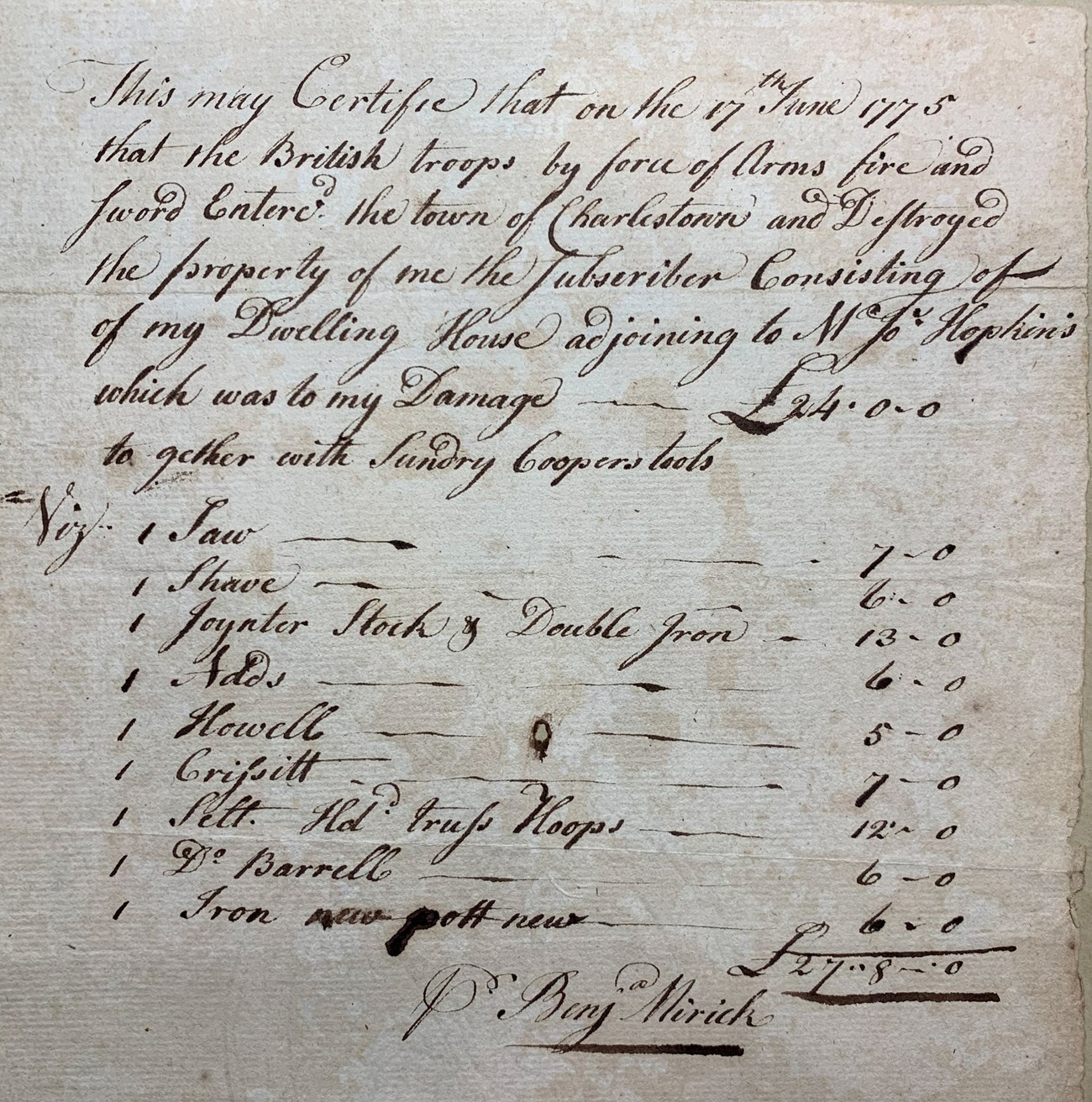 handwritten document describing losses from destruction.