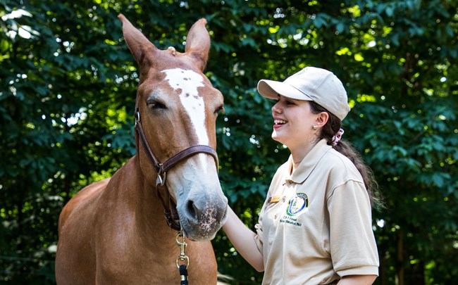 Josefina standing next to a mule