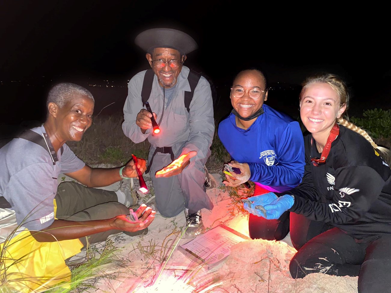 Four people sitting on the sand with flashlights, examining something.
