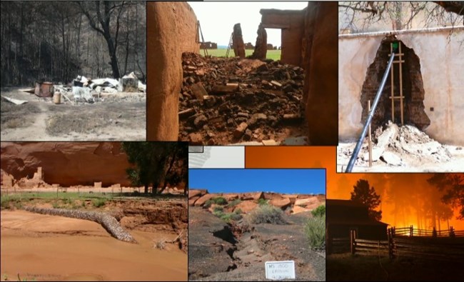 Collage of photos showing structures destroyed by fire, storms, flooding, and drought.