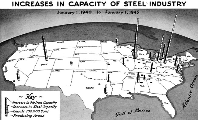 Black and white map of the United States with bars rising out of cities to indicacte steel production. Cities like Pittsburgh and Chicago are much higher.