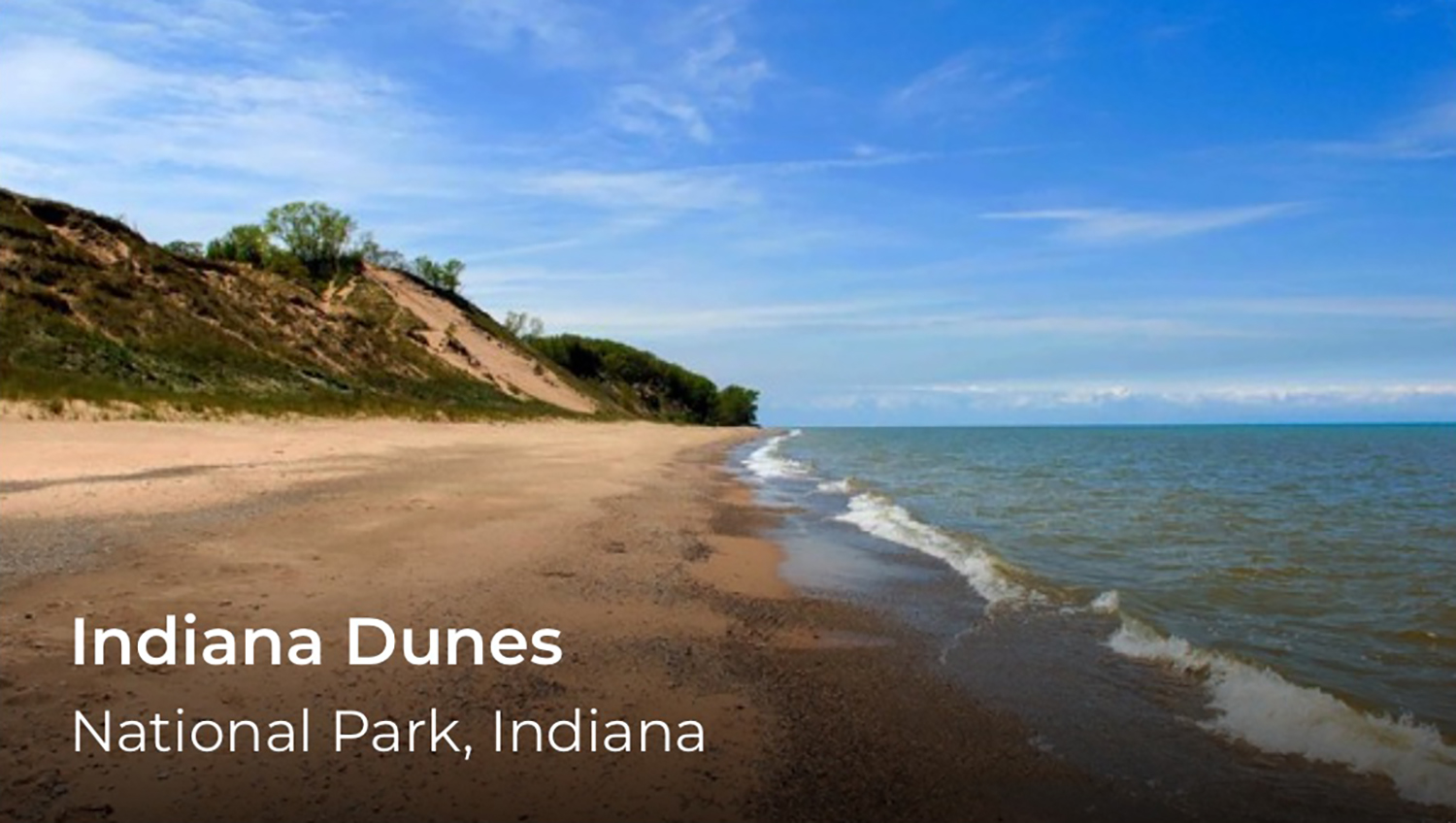 A beach shoreline. In the lower left words say, Indiana Dunes.