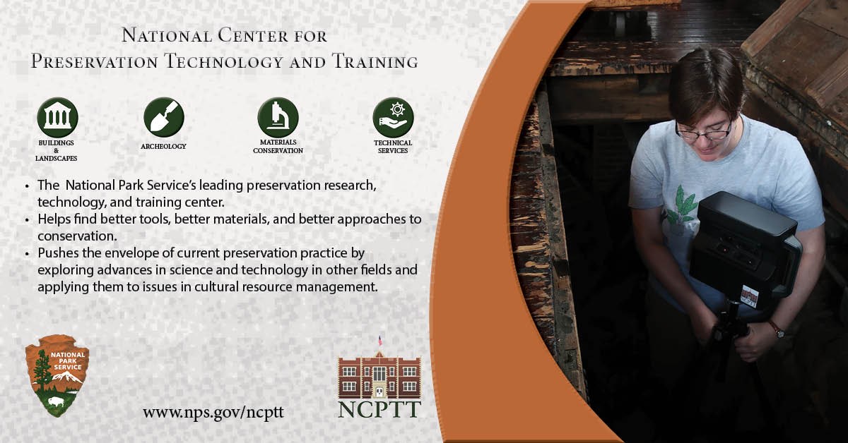 Graphic listing the center’s five subject areas (architecture & engineering, archeology & collections, historic landscapes, materials conservation, and technical services), with three bullet items explaining the NCPTT’s mission. Click to learn more.