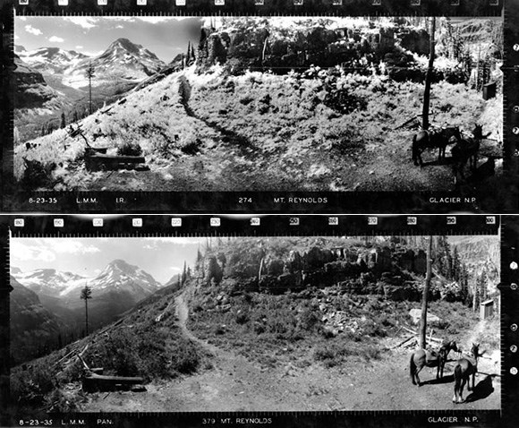 Two black and white images of Mount Reynolds, Glacier National Park. one in Infrared and one in panchromatic; lighting and detail are different in the images.