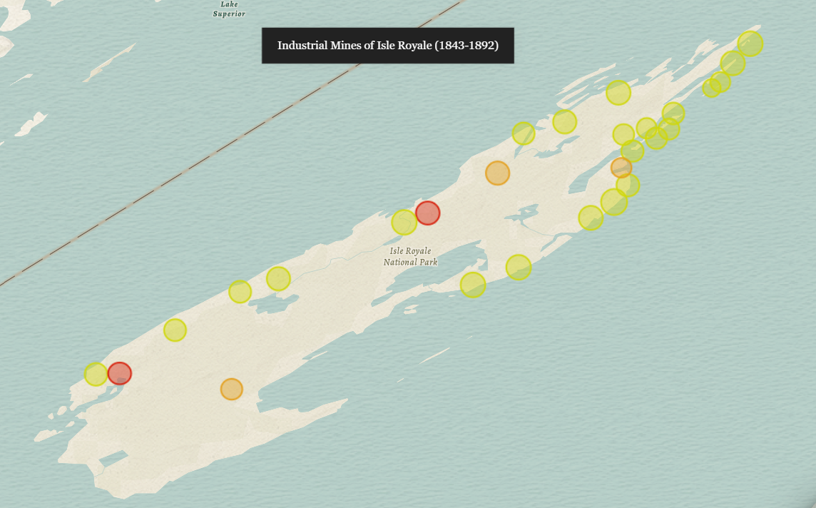 Map of Isle Royale in Lake Superior featuring 3 groups of colored circles indicating mining phases. Yellow is phase 1, Orange is phase 2, and Red is phase 3.