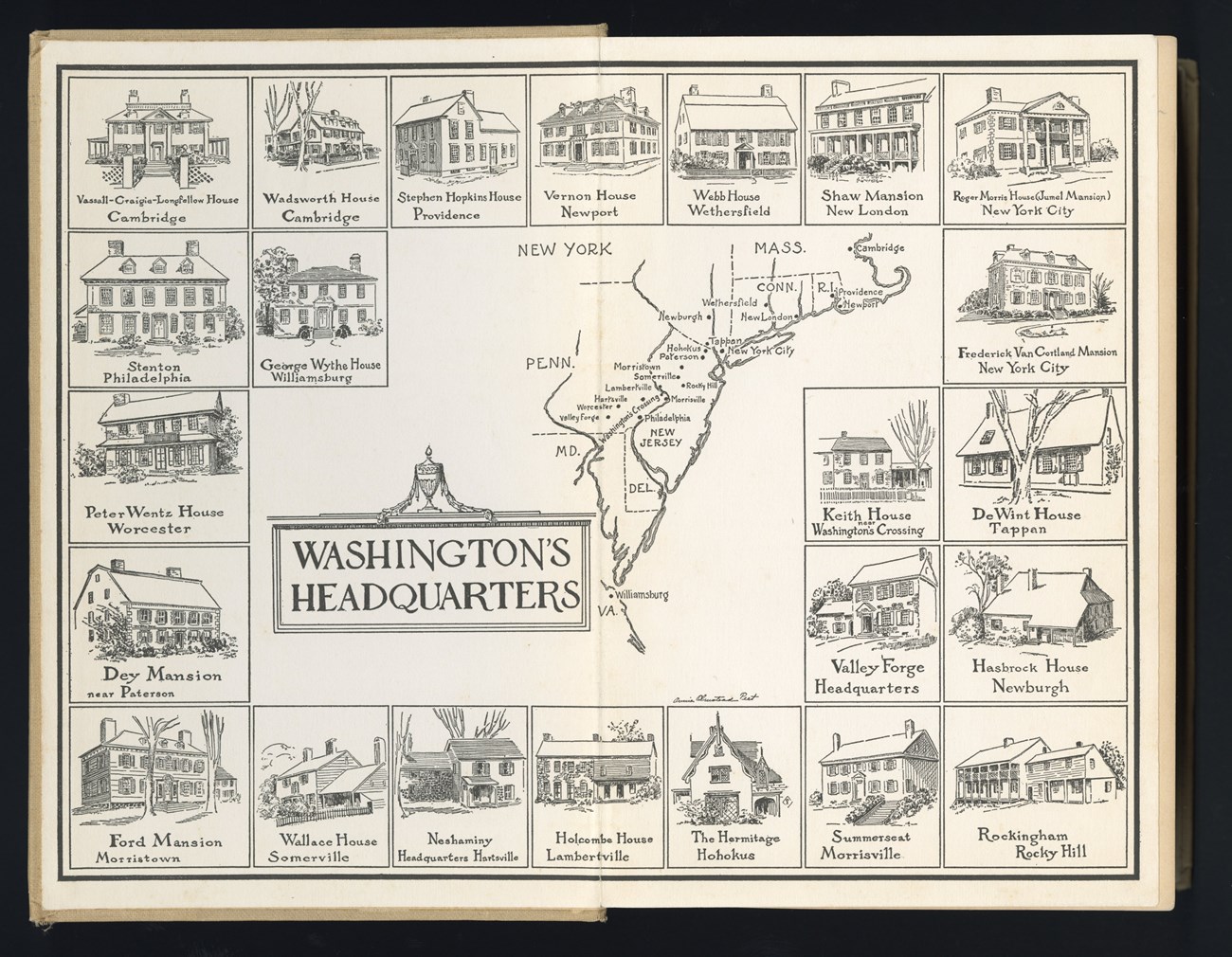 Endpaper of book with many illustrations of Washington's Headquarters and a map