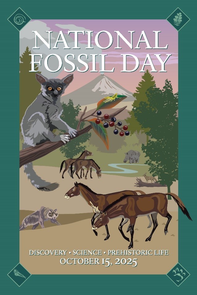 Art work poster of prehistoric scene with animals and plants reconstructed from the fossil record