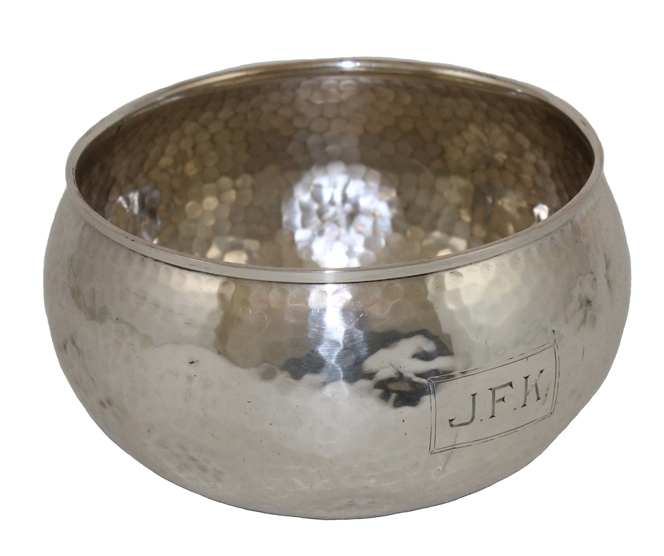 Small silver bowl with hammered decoration and block monogram JFK