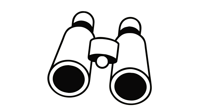 A black and white line drawing of a pair of binoculars