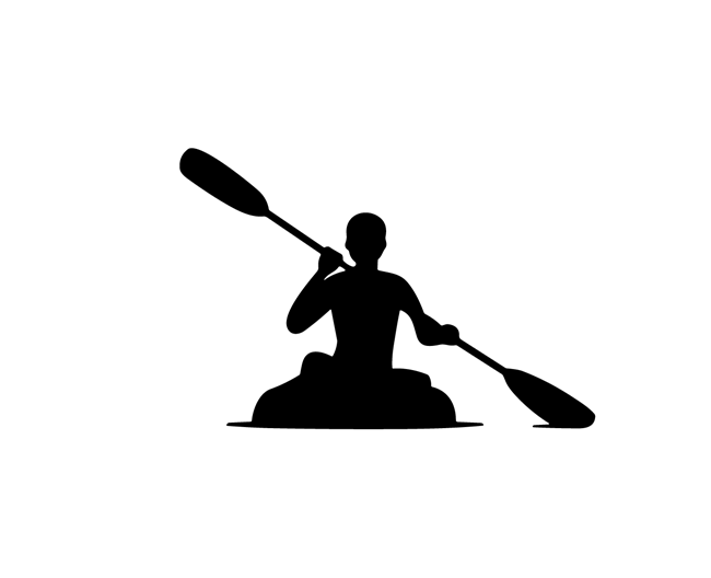 black silhouette of person paddling in a kayak holding two-sided paddle