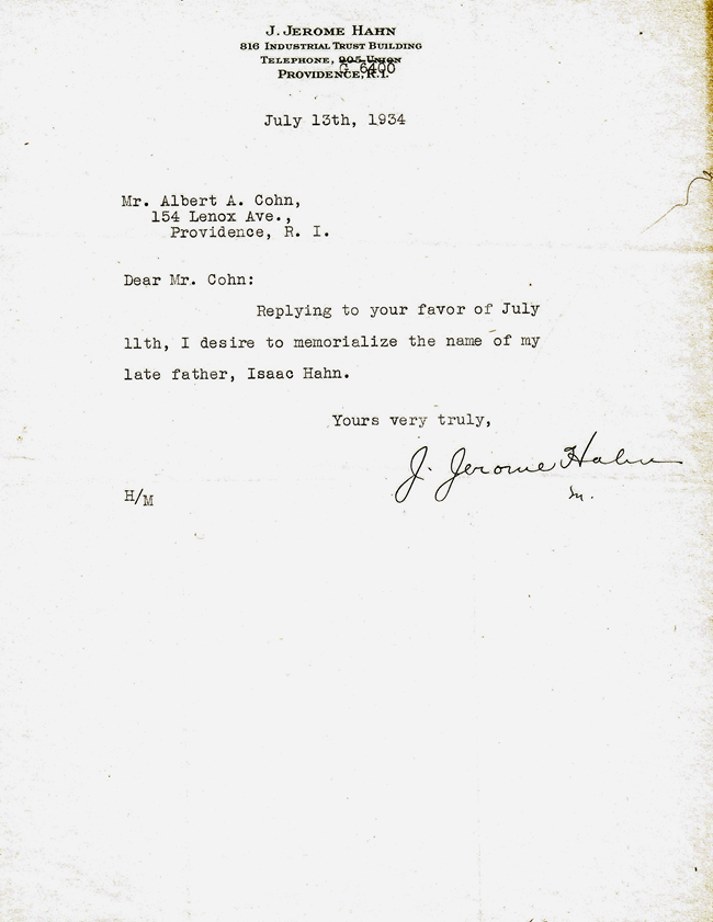Note from Jerome Hahn indicating his desire to name it after his father