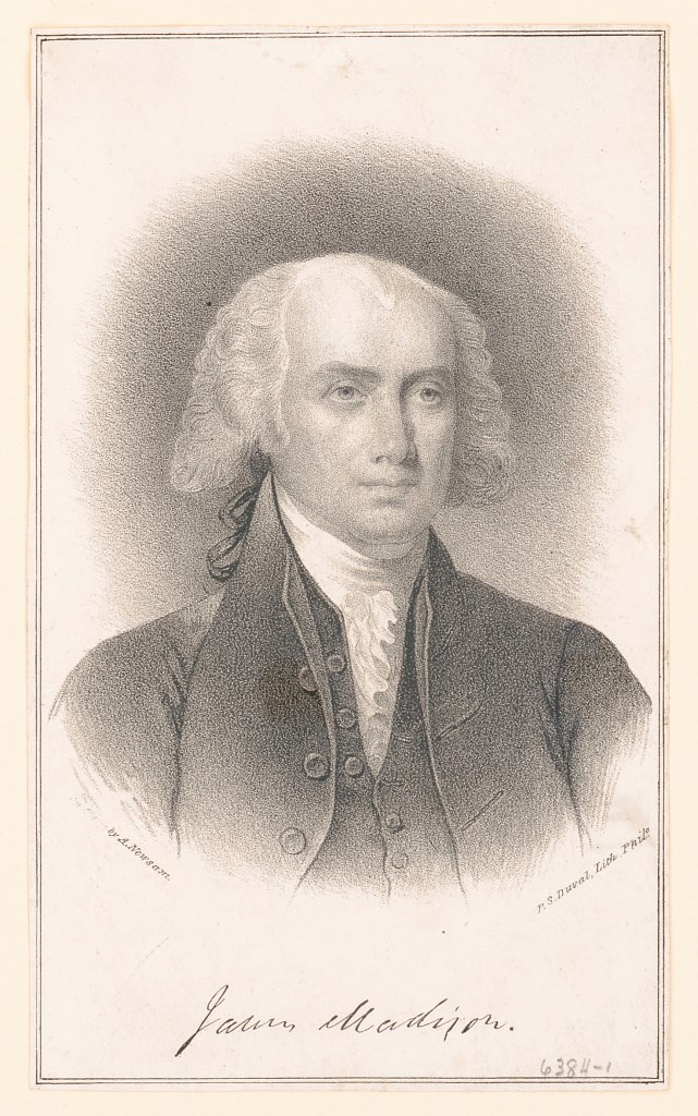 Print shows James Madison, head-and-shoulders portrait, facing slightly right. Includes facsimile signature.