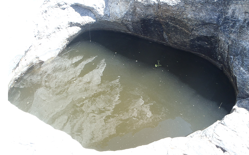 A small murky pool of water in a bedrock depression.