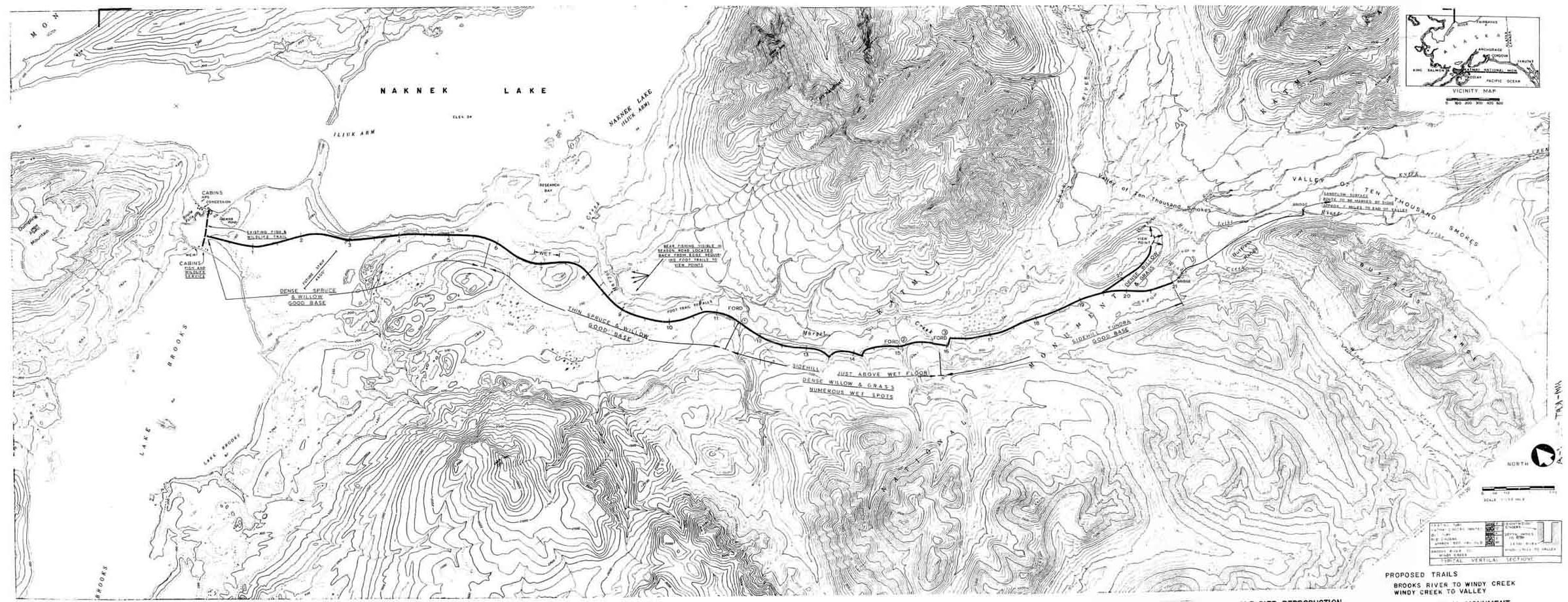 A dark line on a topographic map shows a planned jeep trail through a valley in Katamai National Park