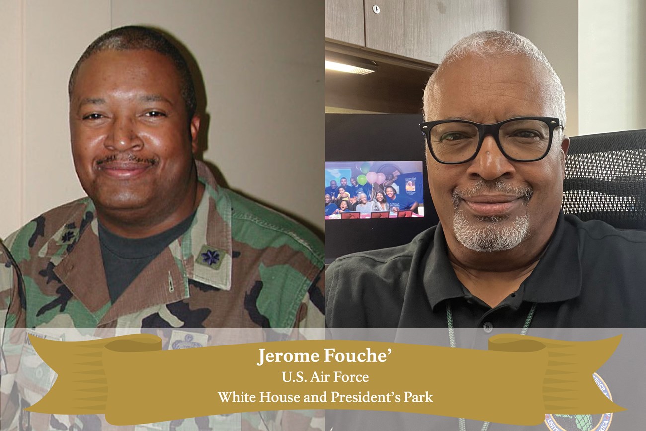 Split screen image of Jerome in the Air Force and today.